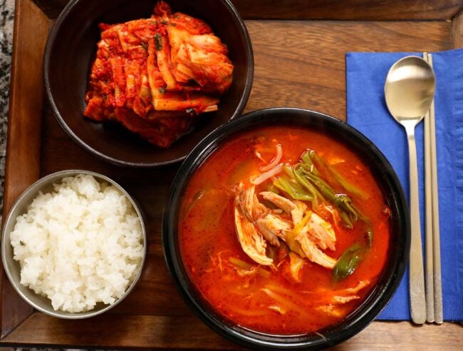 Korean spicy chicken and vegetable soup (dakgaejang: 닭개장)