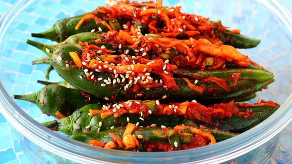 Spicy stuffed green chili pepper kimchi (Gochu-sobagi: 고추소박이)